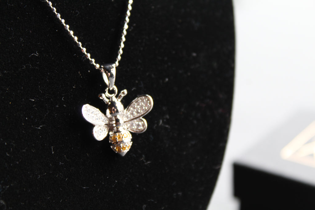 Silver & Cubic Zirconia Yellow Honey Bee Pendant with Silver Chain