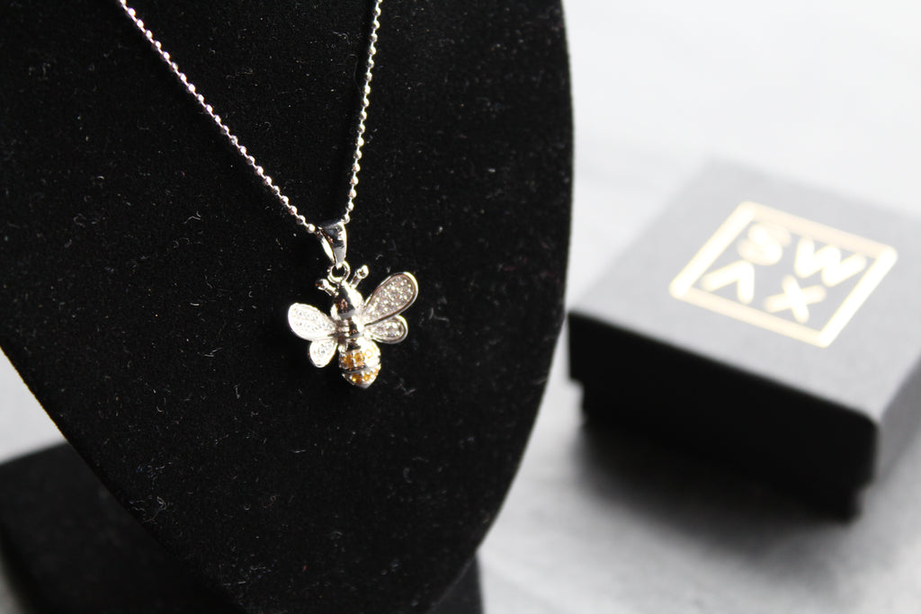 Silver & Cubic Zirconia Yellow Honey Bee Pendant with Silver Chain