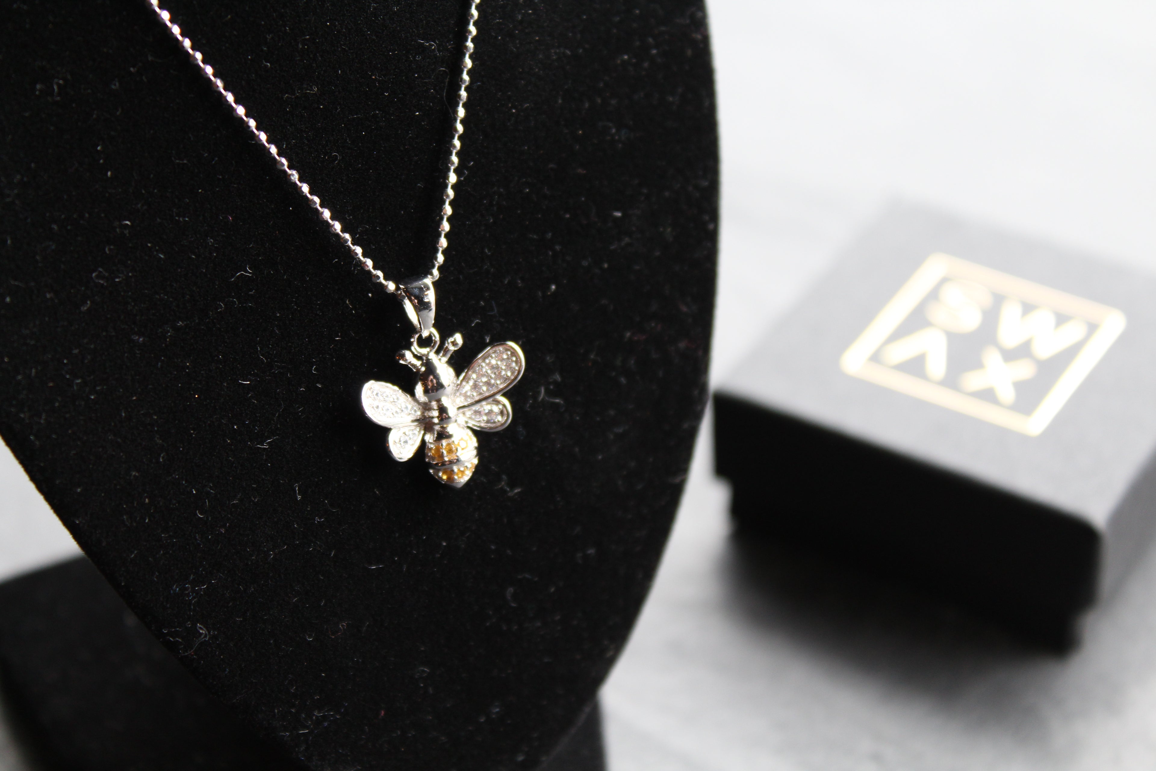 Silver & Cubic Zirconia Yellow Honey Bee Pendant with Silver Chain
