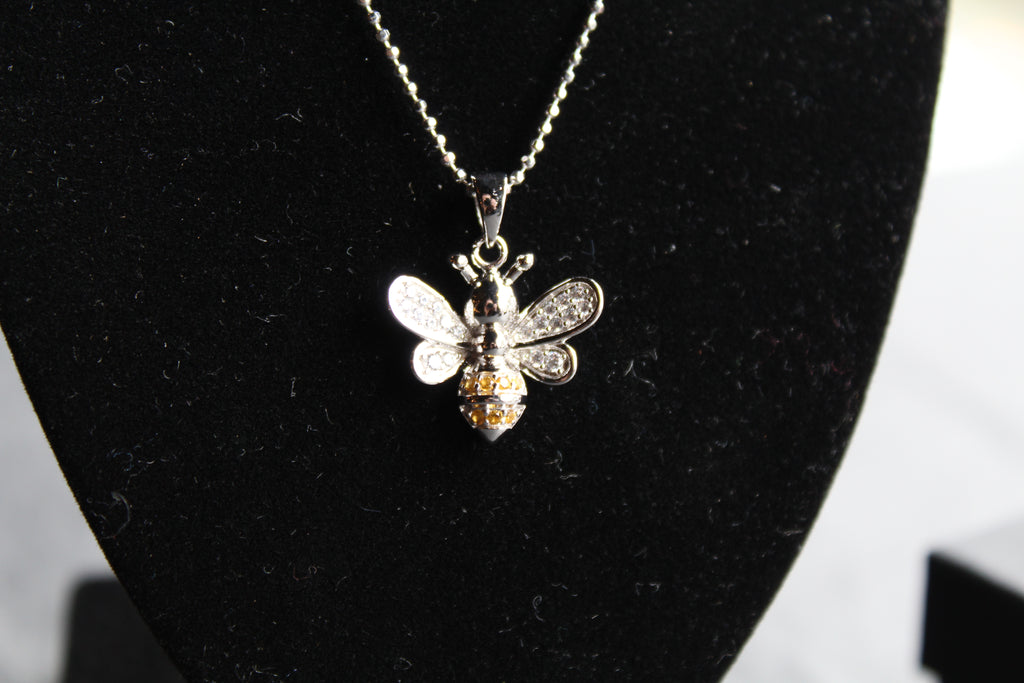 Silver & Cubic Zirconia Yellow Honey Bee Pendant with Silver Chain