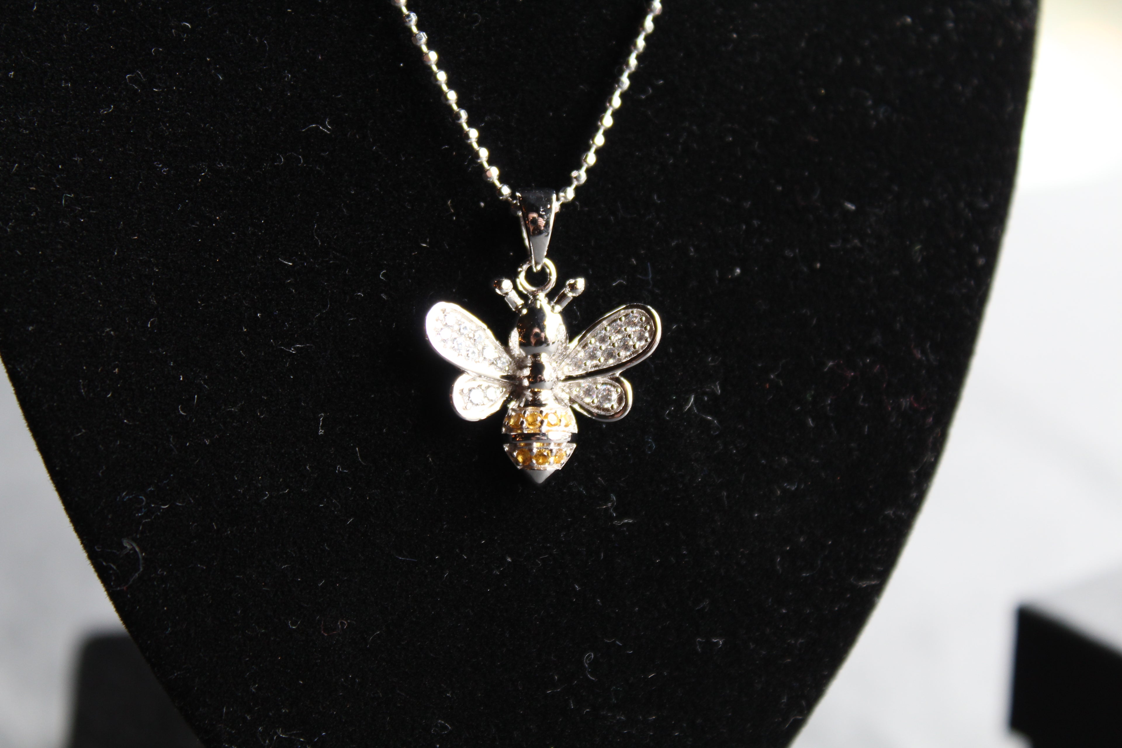 Silver & Cubic Zirconia Yellow Honey Bee Pendant with Silver Chain