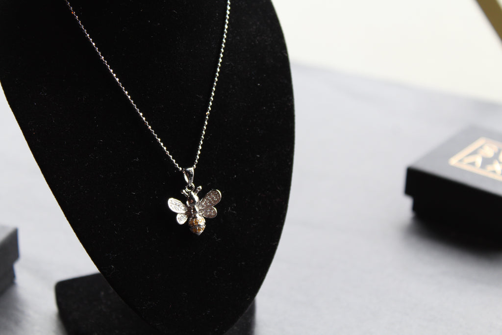 Silver & Cubic Zirconia Yellow Honey Bee Pendant with Silver Chain