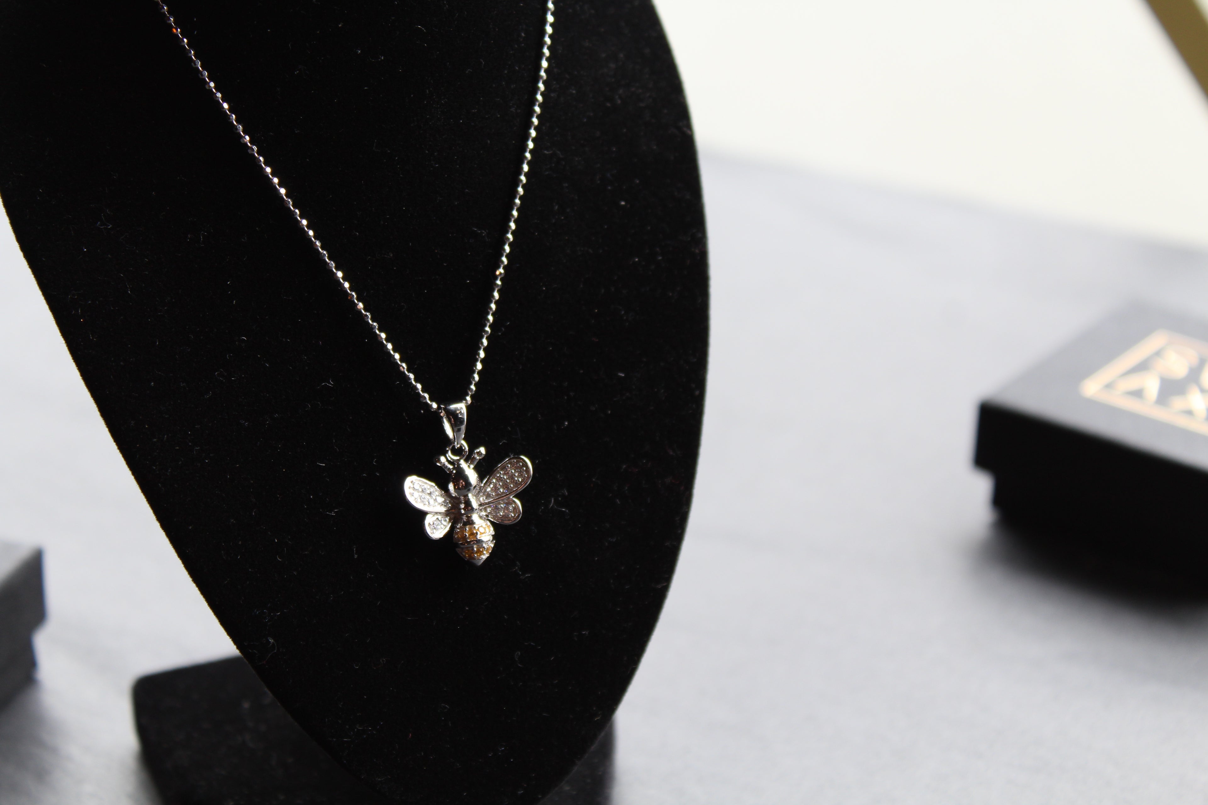 Silver & Cubic Zirconia Yellow Honey Bee Pendant with Silver Chain