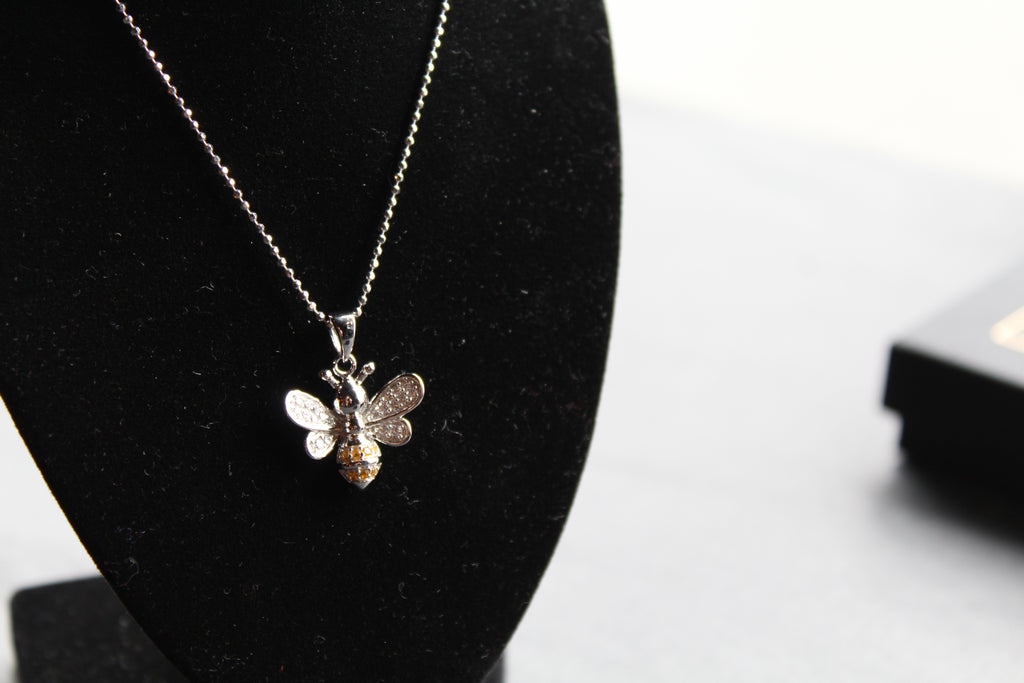 Silver & Cubic Zirconia Yellow Honey Bee Pendant with Silver Chain