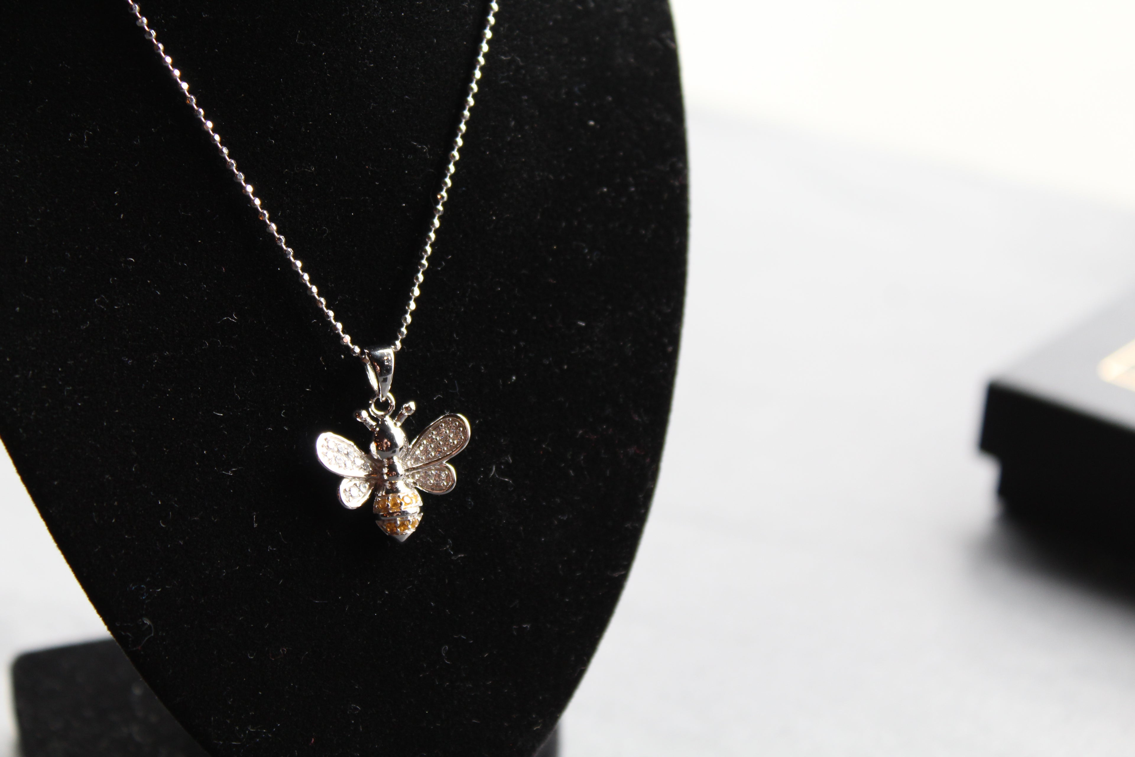 Silver & Cubic Zirconia Yellow Honey Bee Pendant with Silver Chain
