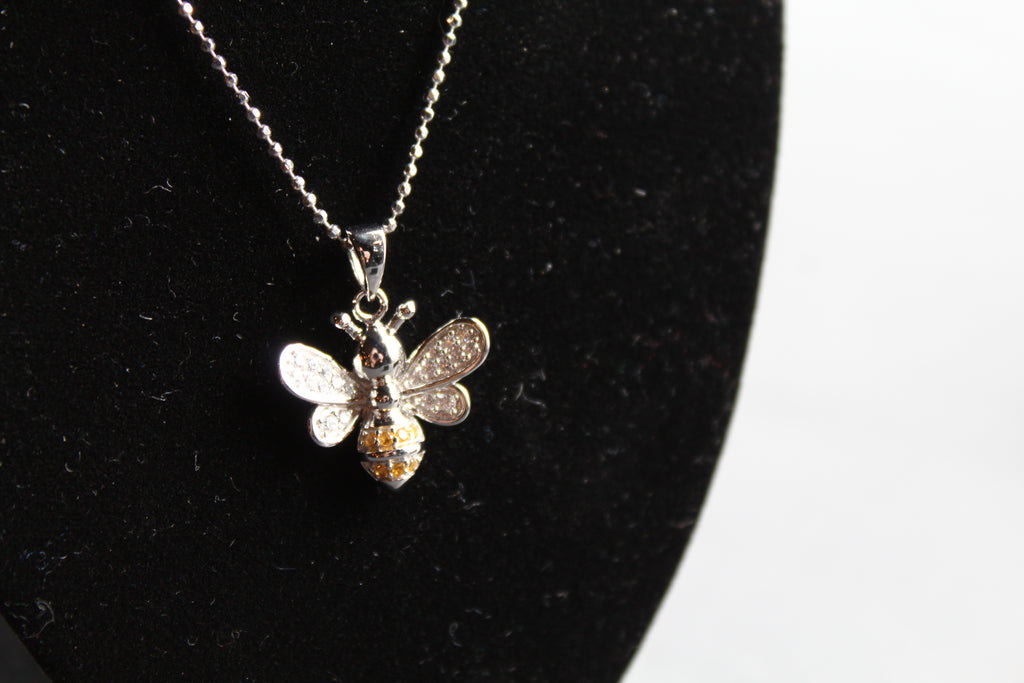 Silver & Cubic Zirconia Yellow Honey Bee Pendant with Silver Chain