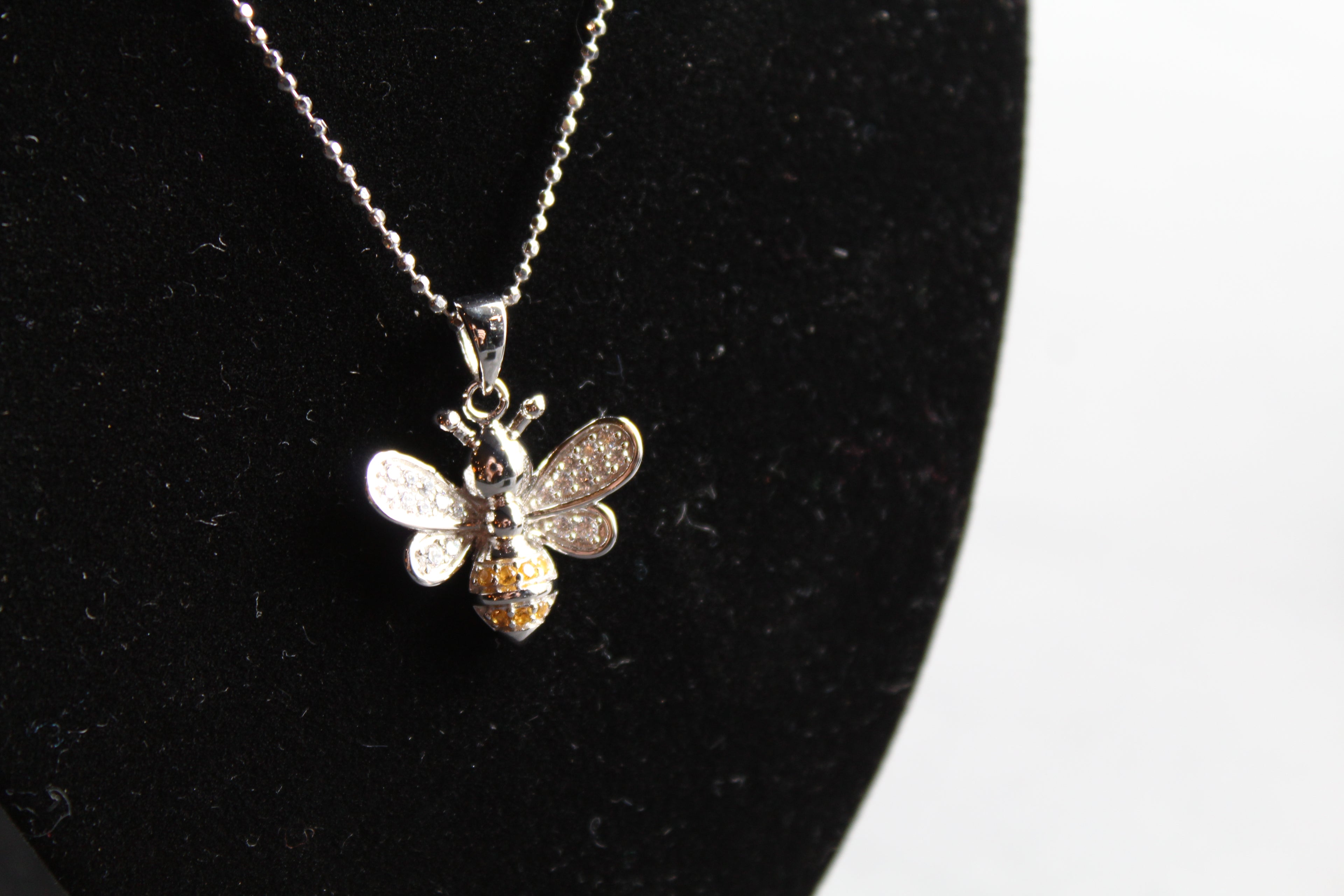 Silver & Cubic Zirconia Yellow Honey Bee Pendant with Silver Chain