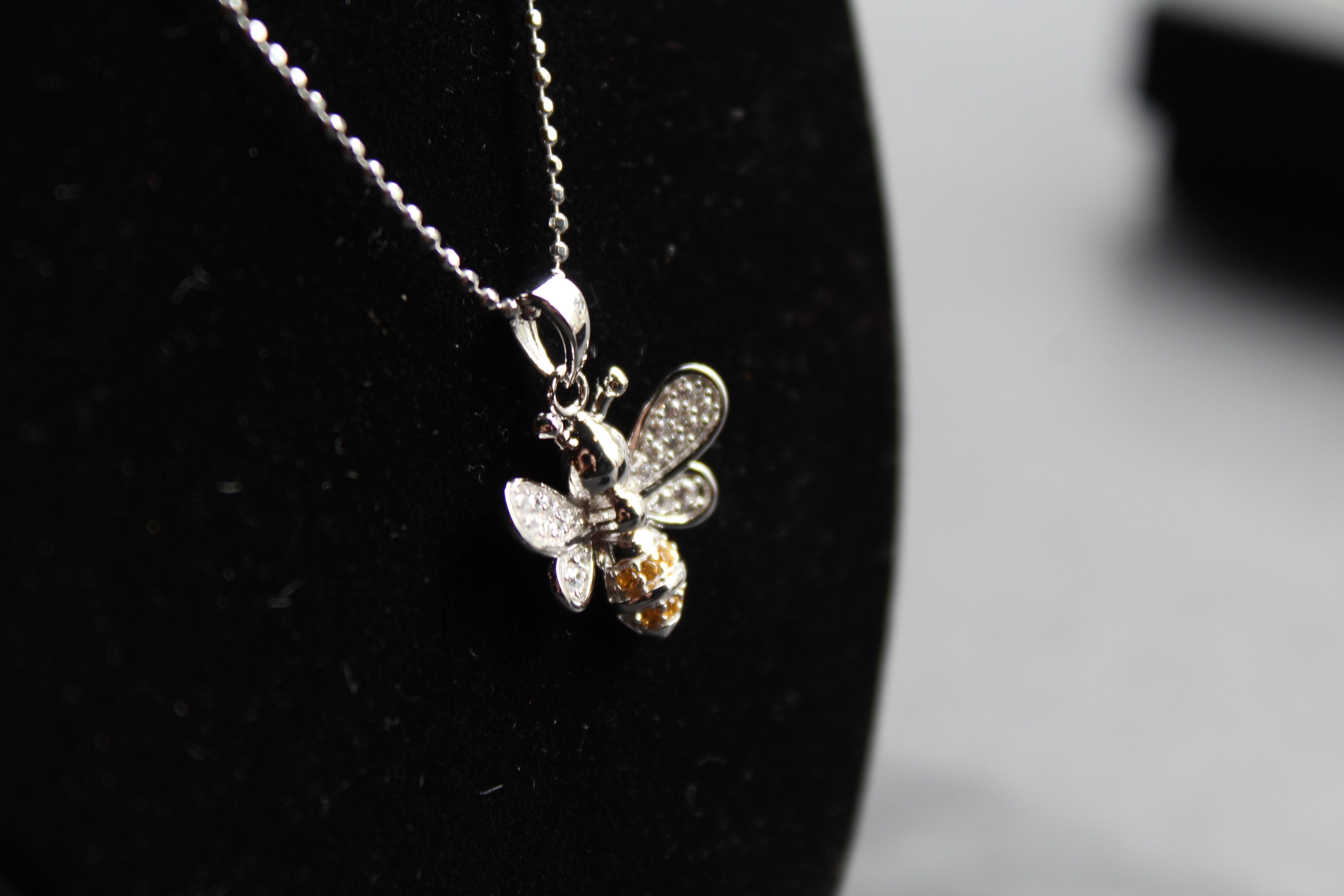 Silver & Cubic Zirconia Yellow Honey Bee Pendant with Silver Chain