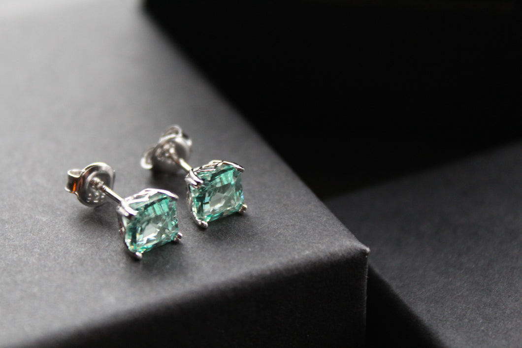Silver & Mint Green CZ Square Solitaire Earrings