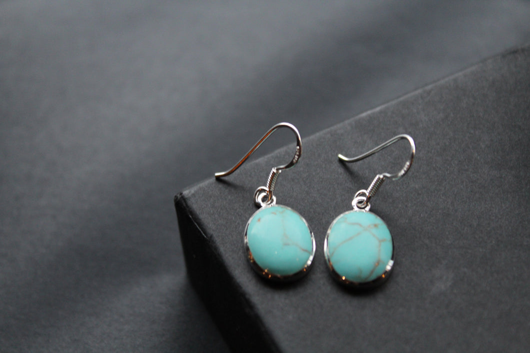 Silver & Turquoise Oval Drop Earrings