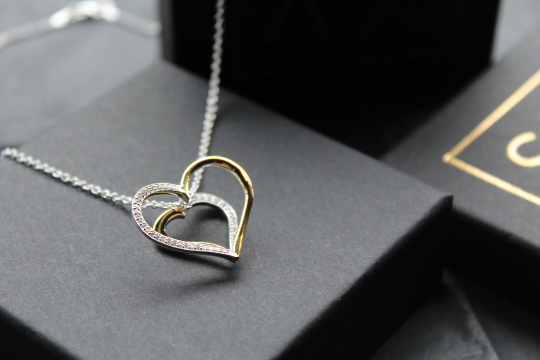 Silver & 18ct Gold Plate Heart with Clear CZ Stones