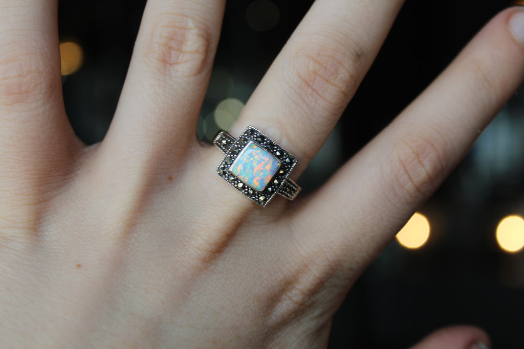 Square Marcasite & Opal Ring