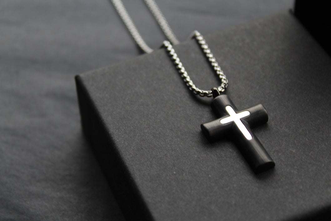 Stainless Steel with Black IP Cross Pendant with Chain