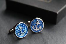 Load image into Gallery viewer, Steel Anchor &amp; Wheel Blue Enamel Cuff Links
