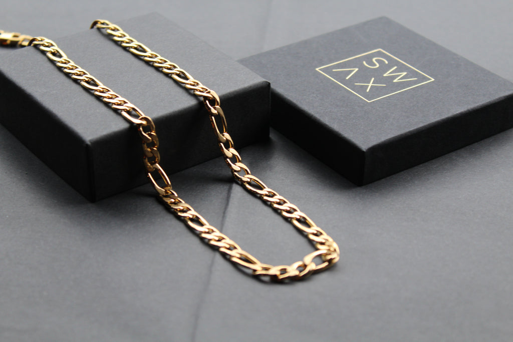 Steel Figaro Chain with Yellow Gold IP