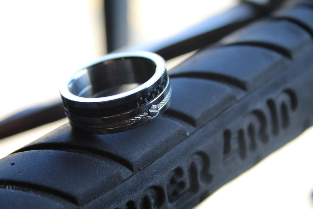 Unisex Steel Ring with Spinning Carbon Fibre and Cable