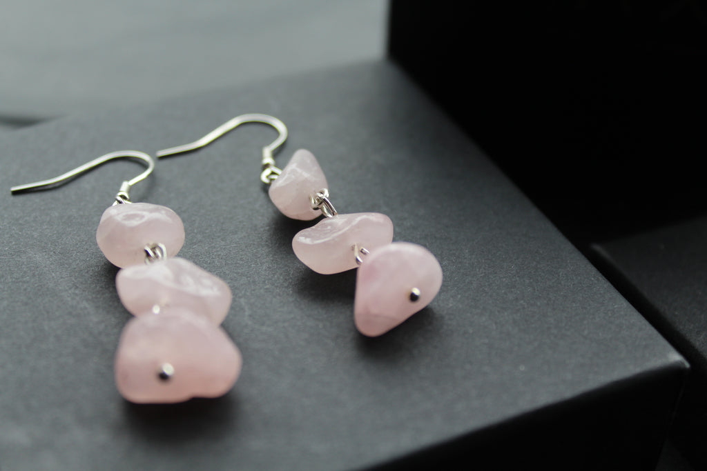 Sterling Silver & Rose Quartz 3 Drop Earrings