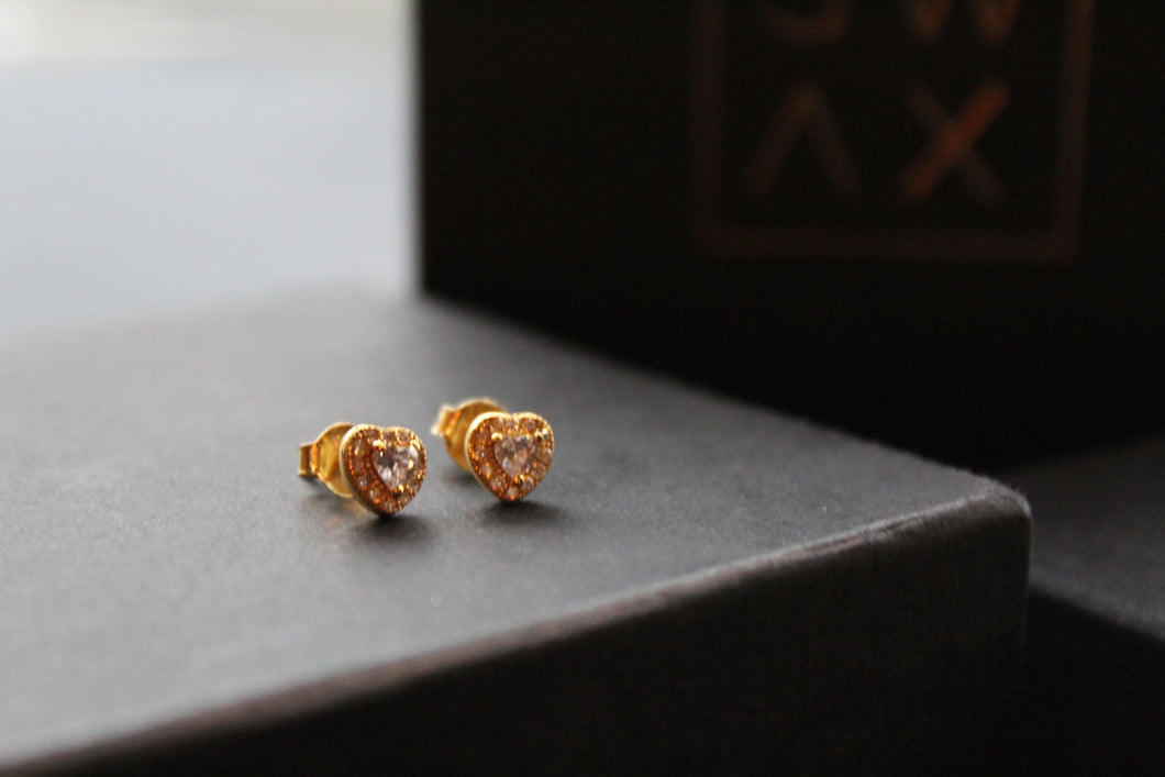 Sterling Silver, Yellow Gold Plated Clear CZ Heart Studs