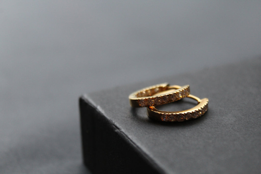 Sterling Silver, Yellow Gold Plated  CZ Oval Huggie Hoops