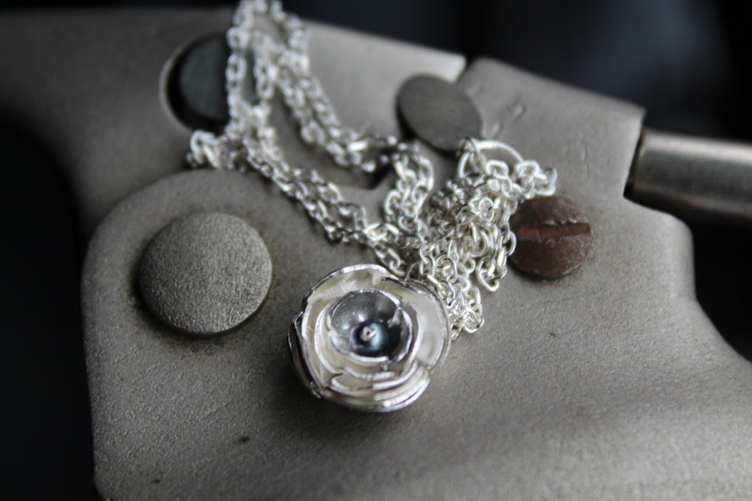 Silver Peony and Grey Pearl Necklace