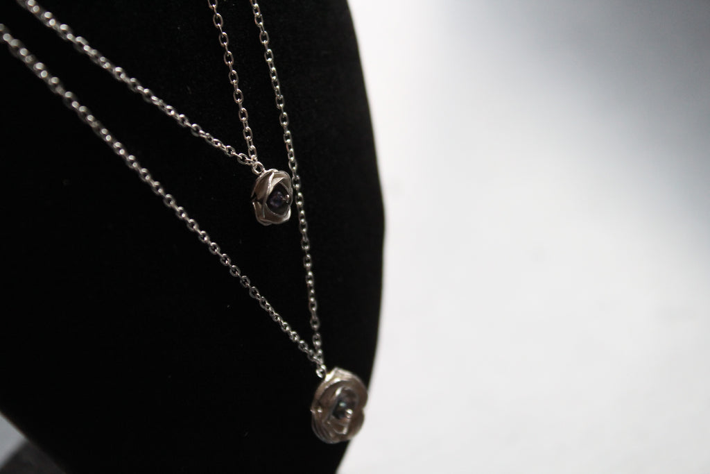 Silver Peony and Grey Pearl Necklace