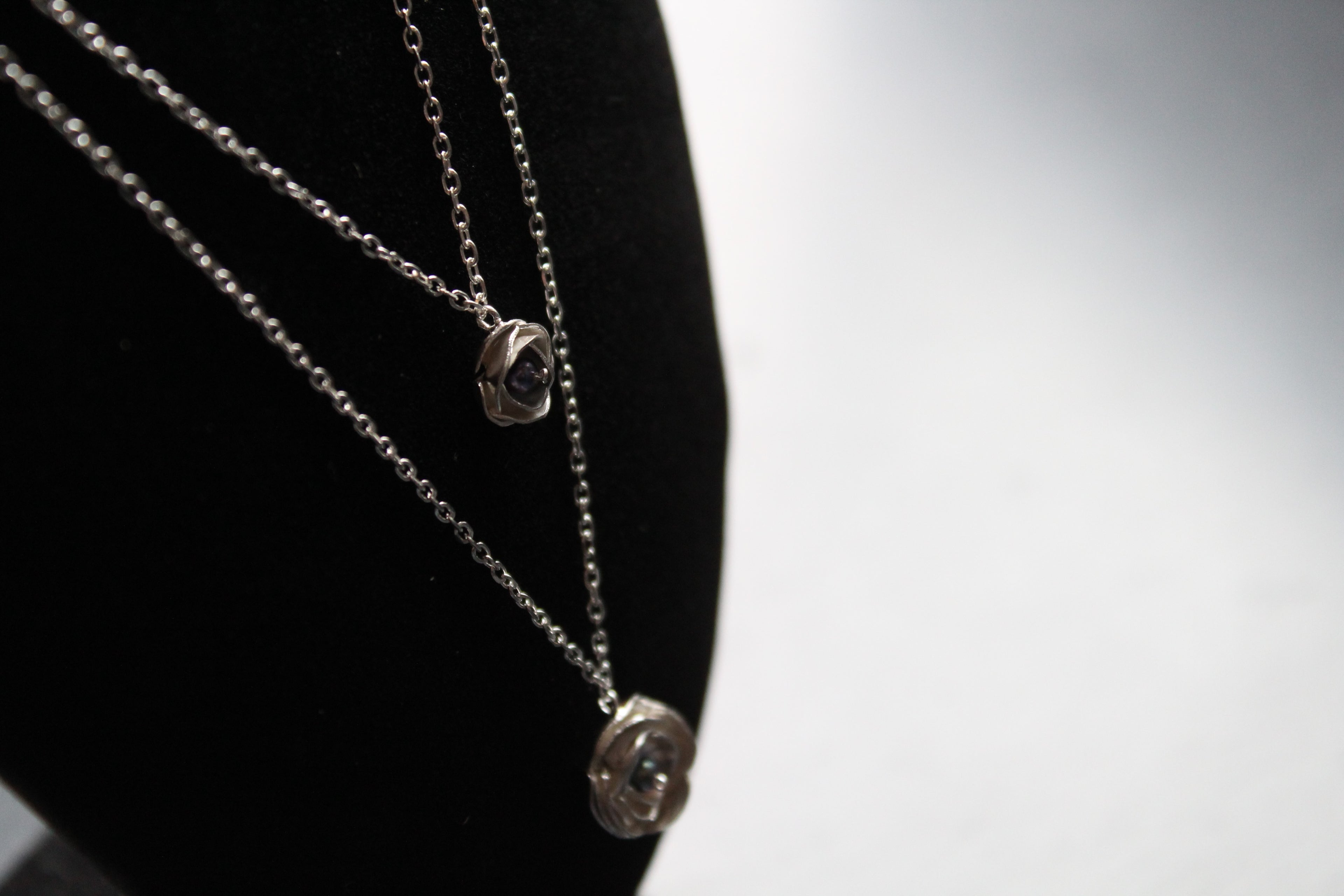 Silver Peony and Grey Pearl Necklace
