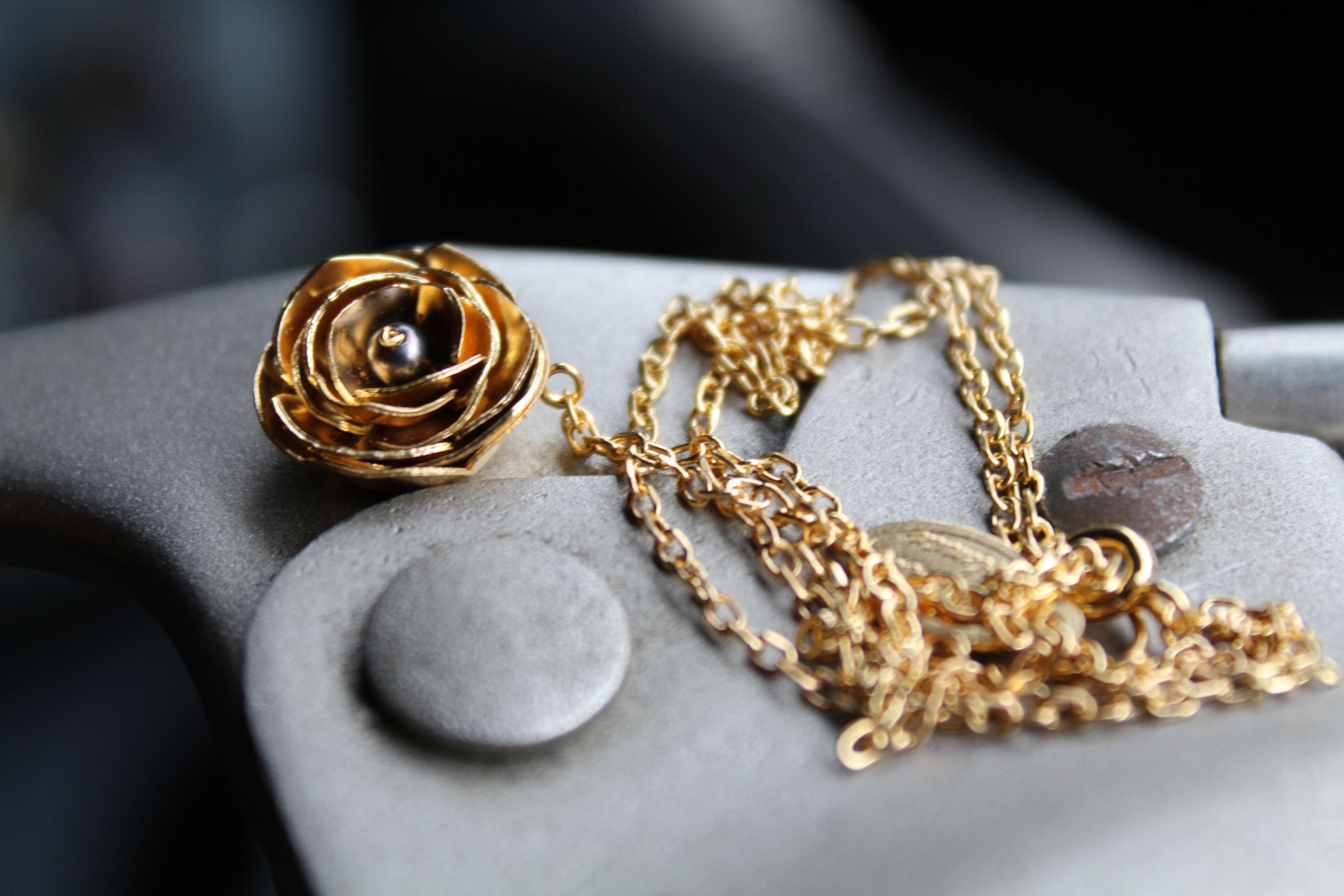 Peony & Grey Pearl Necklace 22ct Vermeil