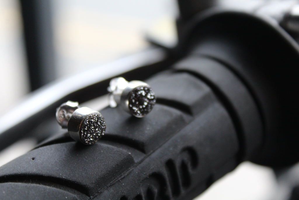 Black Druzy Quartz Stud Earrings