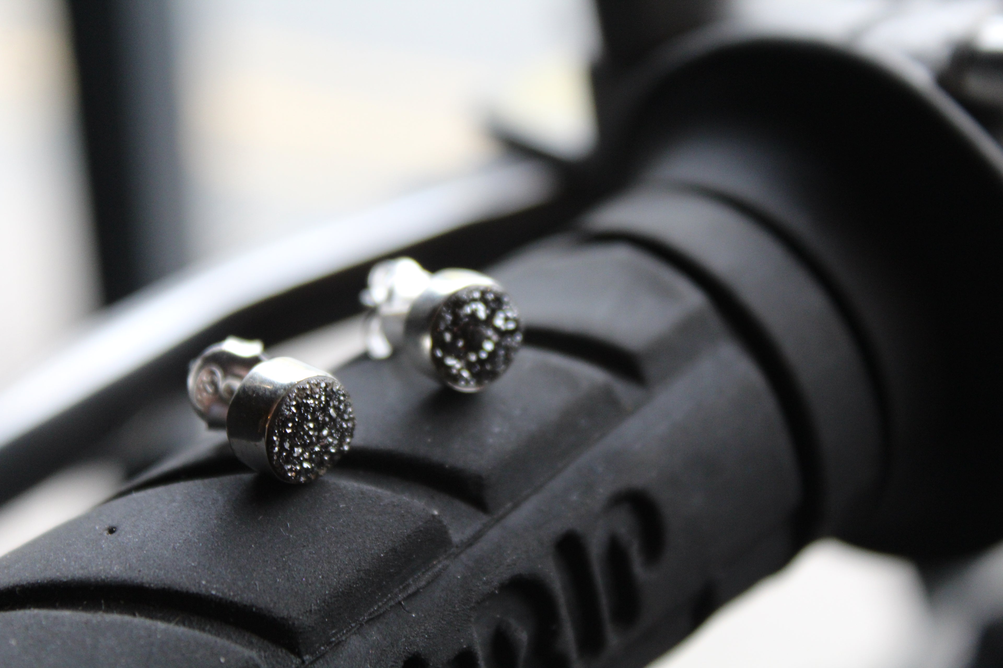 Black Druzy Quartz Stud Earrings