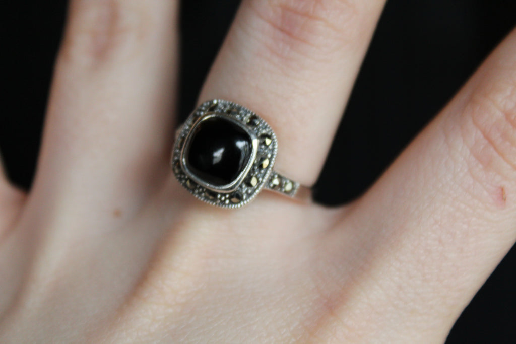 Square Marcasite and Onyx Ring