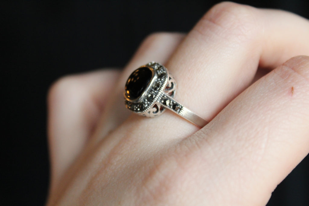 Square Marcasite and Onyx Ring