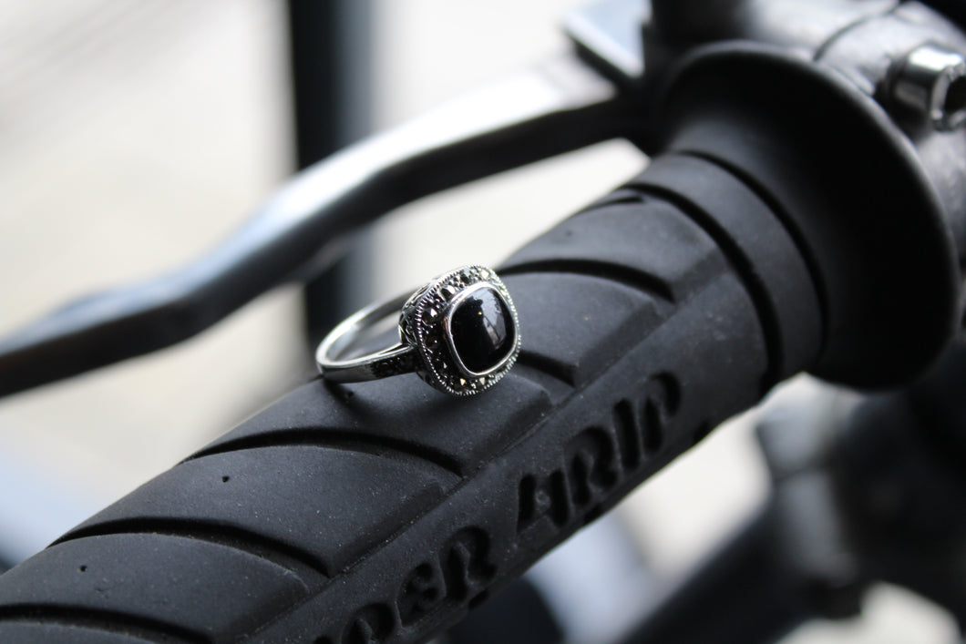 Square Marcasite and Onyx Ring