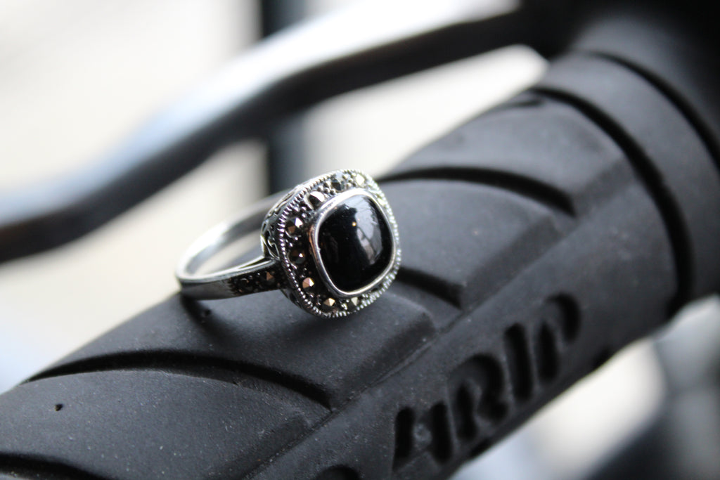 Square Marcasite and Onyx Ring