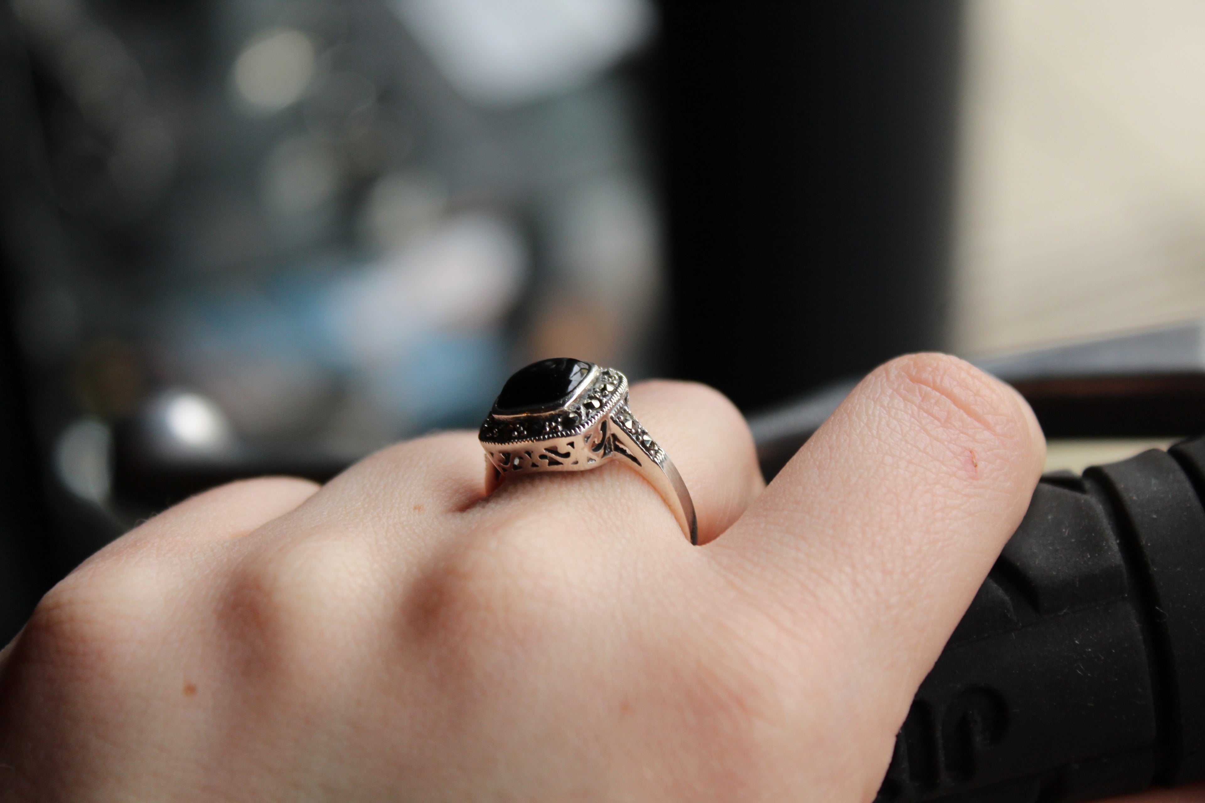 Square Marcasite and Onyx Ring