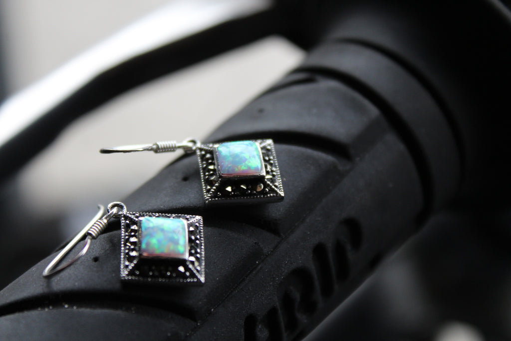 Marcasite Square Opal Drop Earring