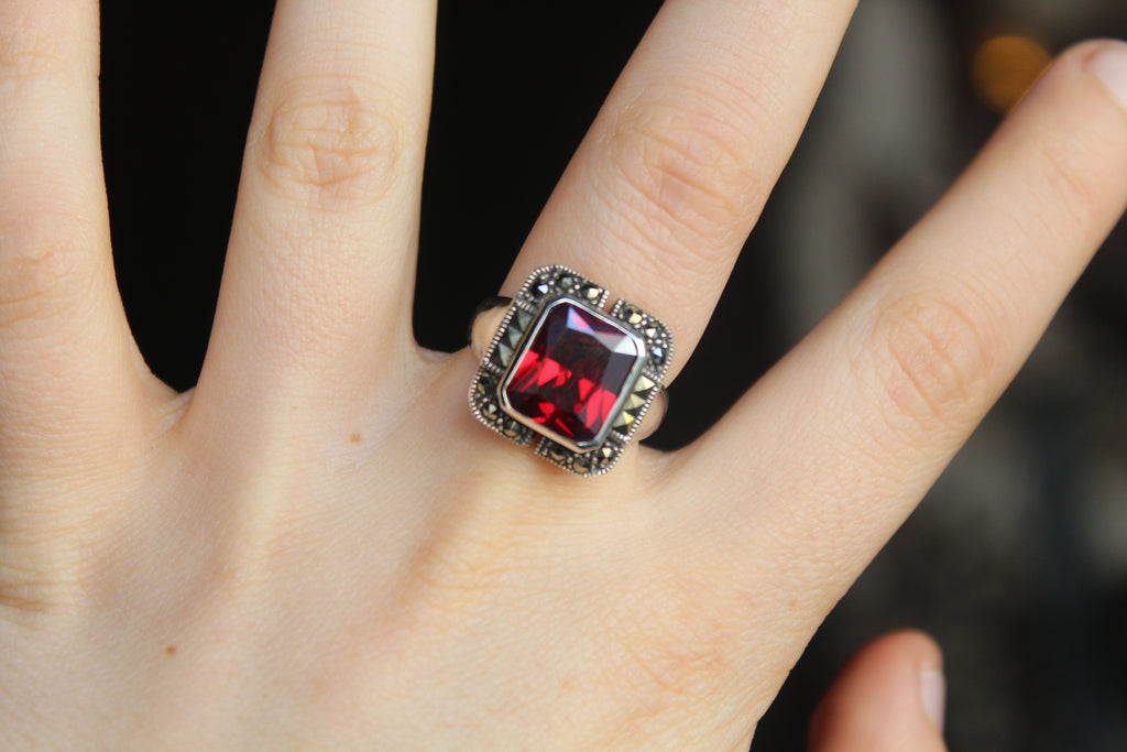 Garnet CZ Marcasite Ring