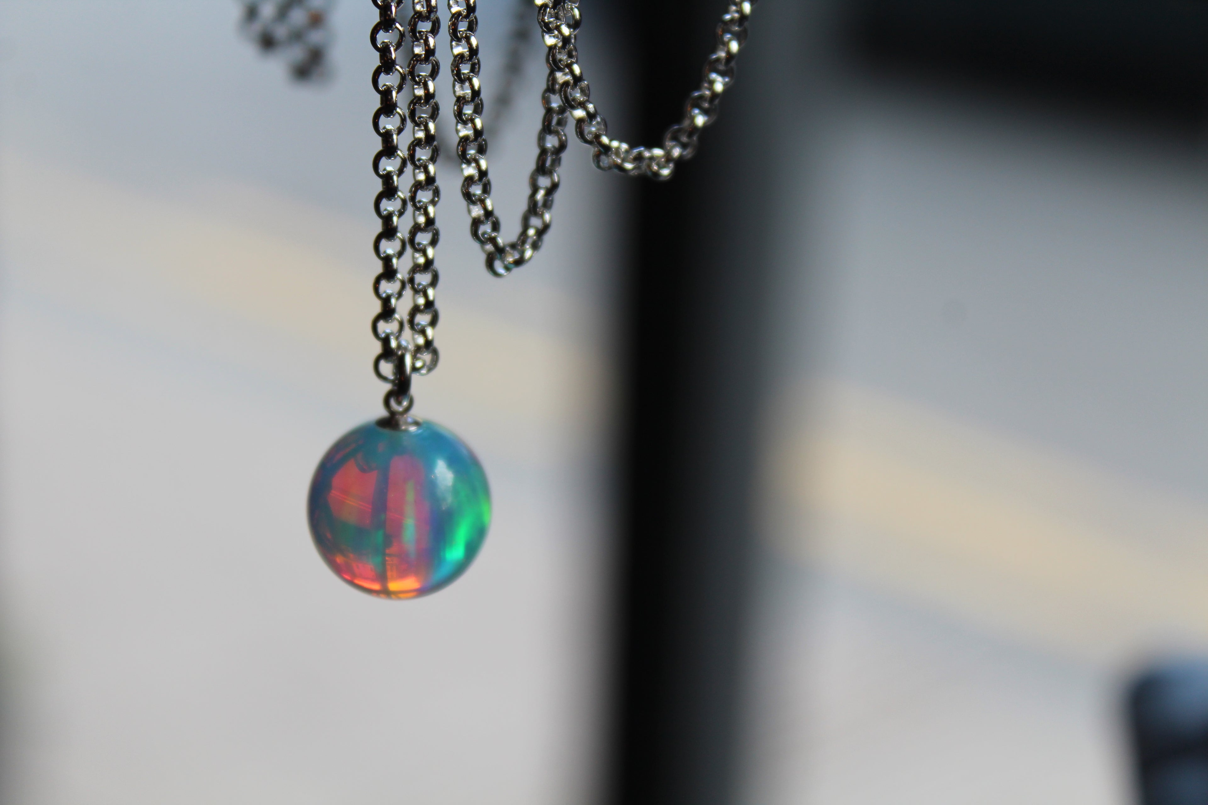Long Iridescent Sea Opal Necklace Silver