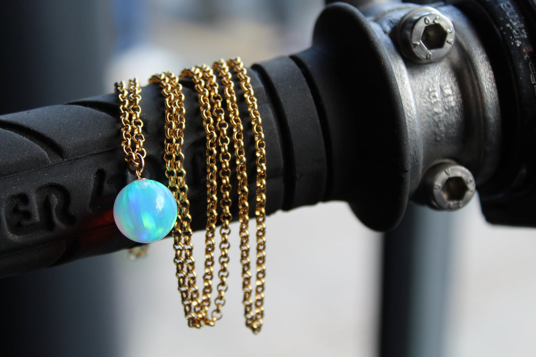 Long iridescent Sea Opal Necklace Gold