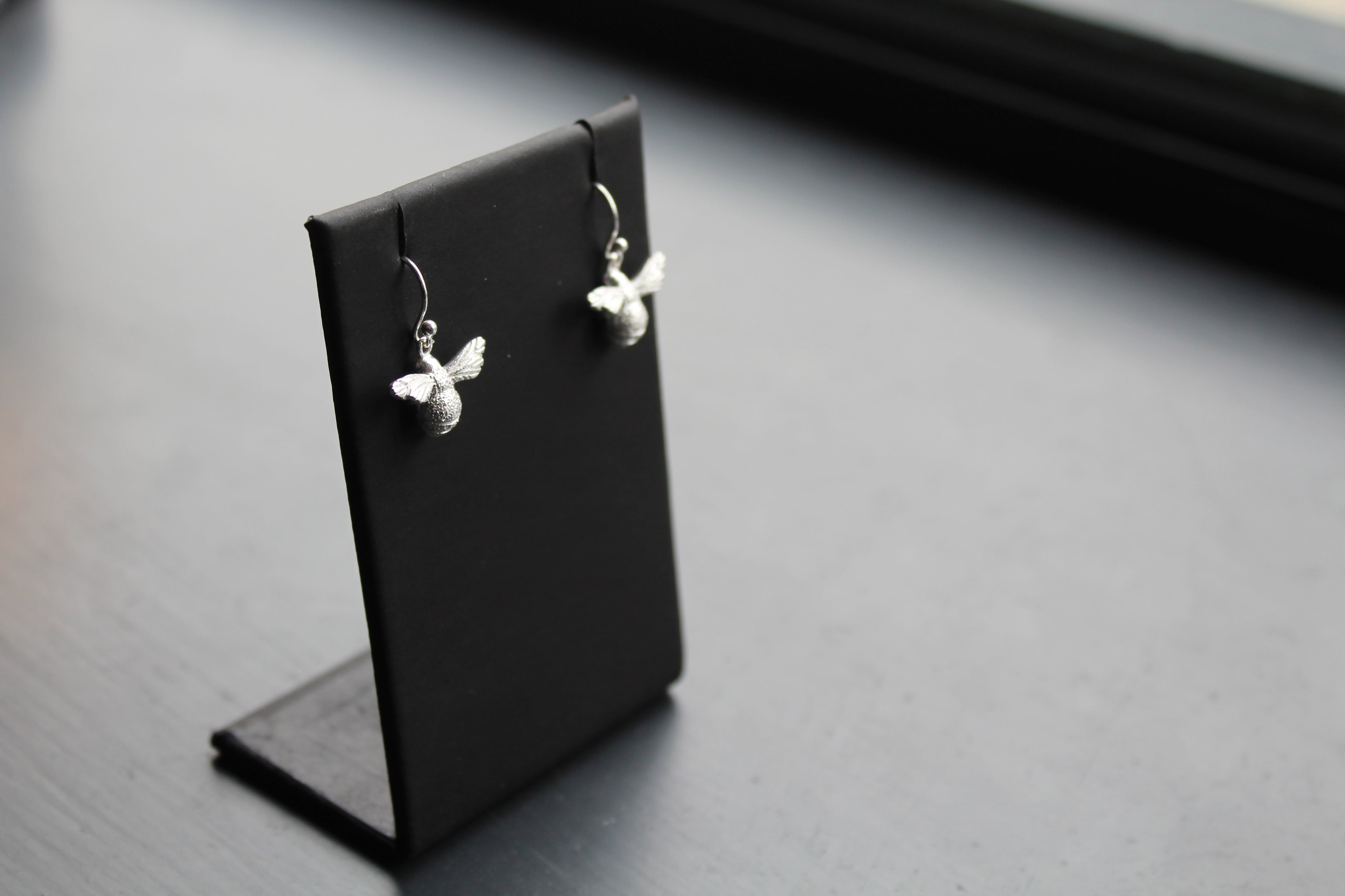 Textured Silver Bumble Bee Drop Earrings