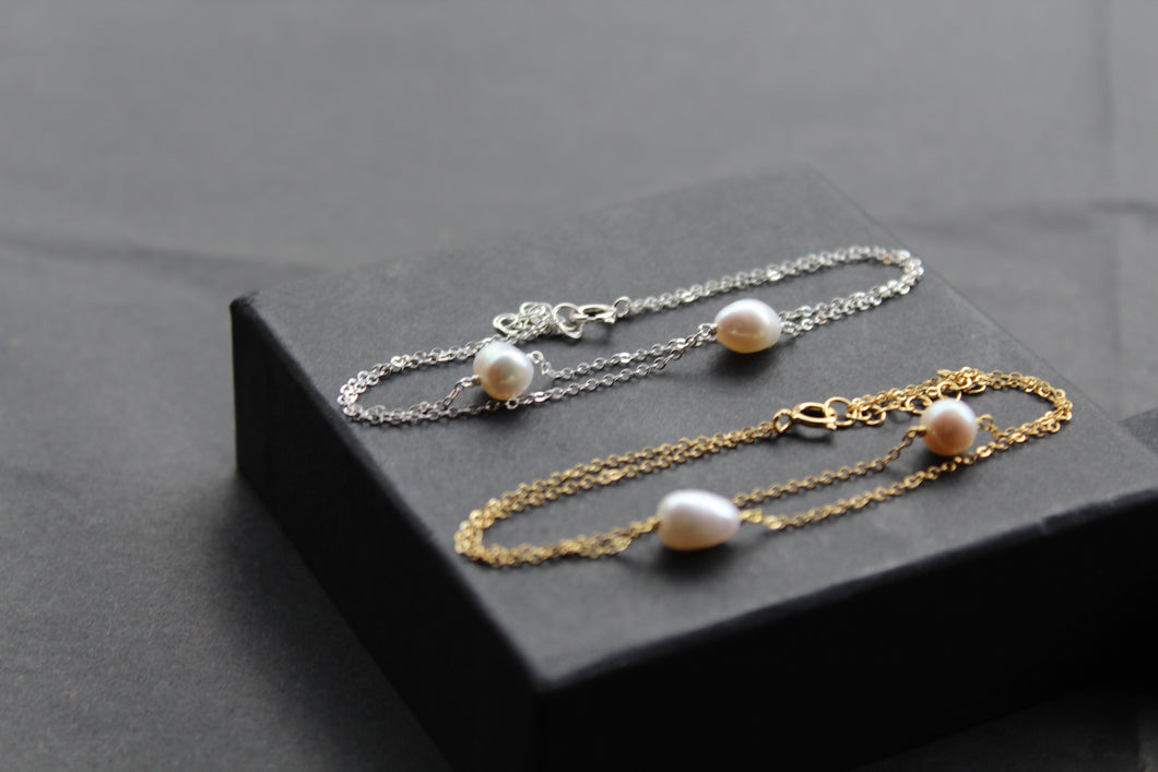 Teardrop & Round Freshwater Pearls on a Double Chain