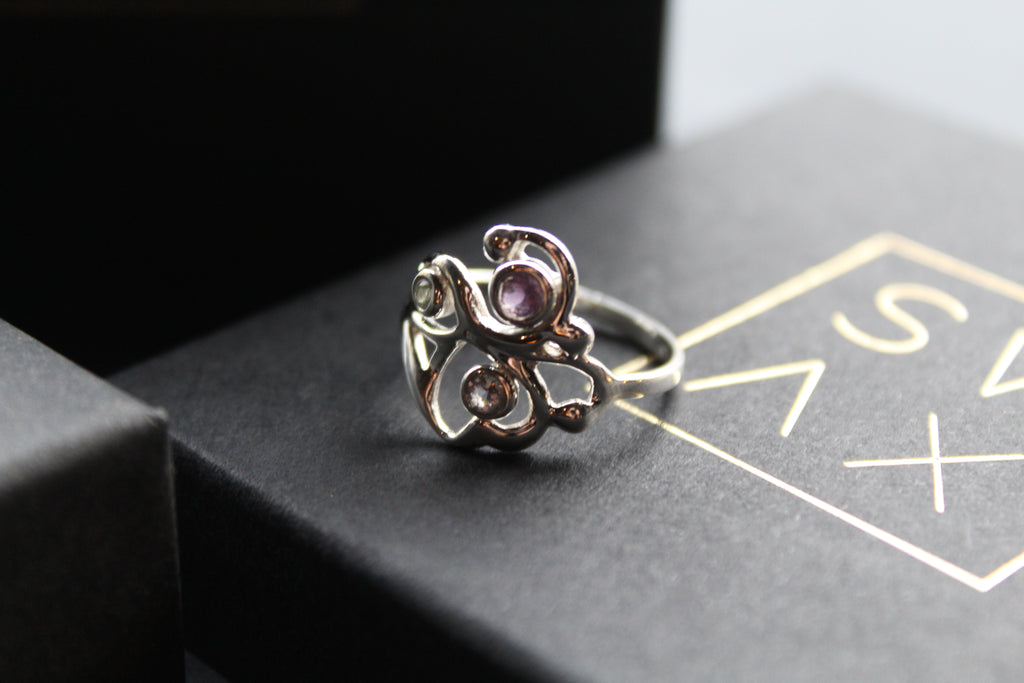 Three Stone Ring with Amethyst Blue Topaz and Iolite