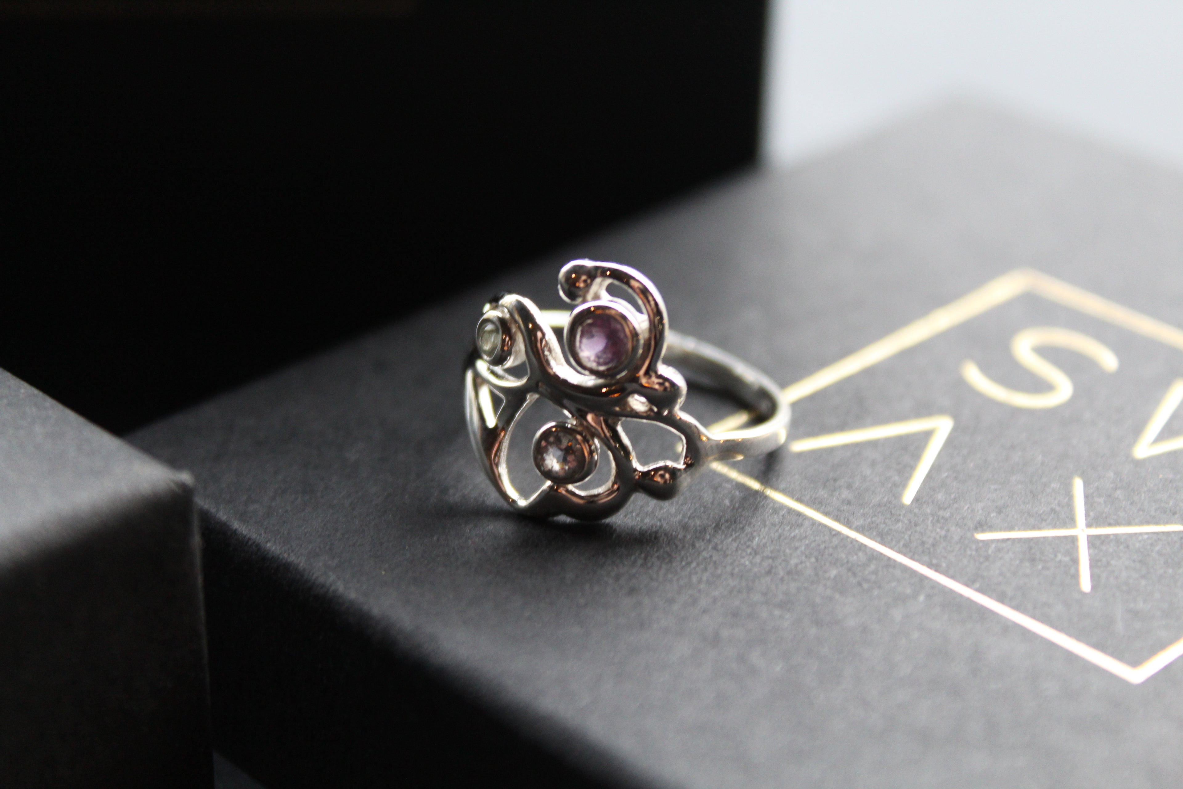 Three Stone Ring with Amethyst Blue Topaz and Iolite