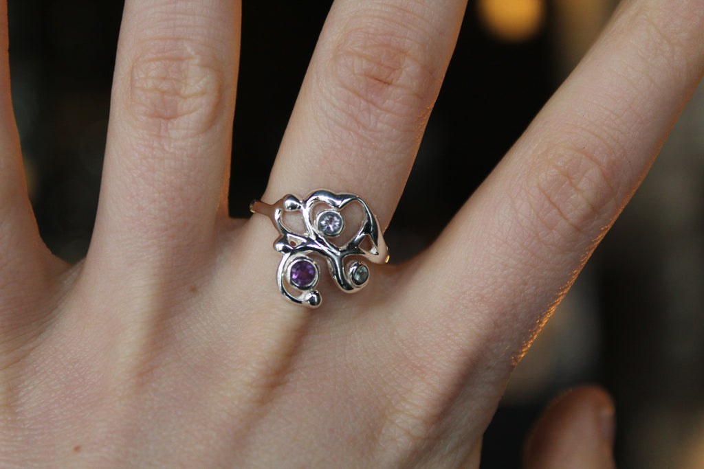 Three Stone Ring with Amethyst Blue Topaz and Iolite