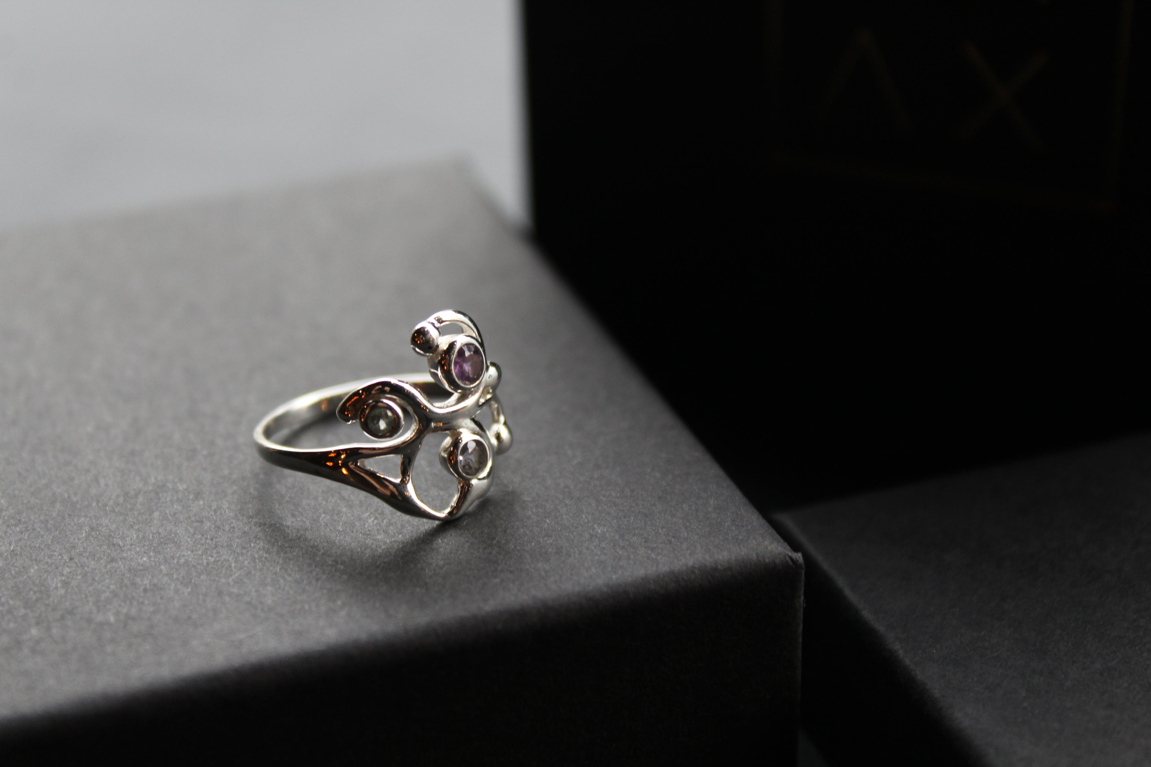 Three Stone Ring with Amethyst Blue Topaz and Iolite