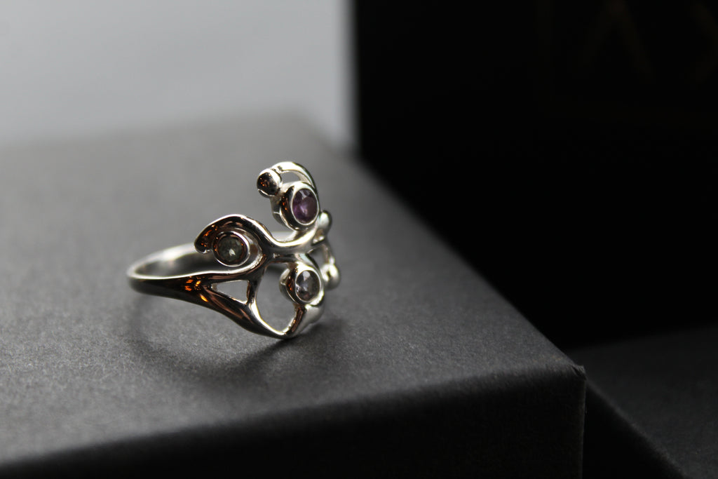 Three Stone Ring with Amethyst Blue Topaz and Iolite