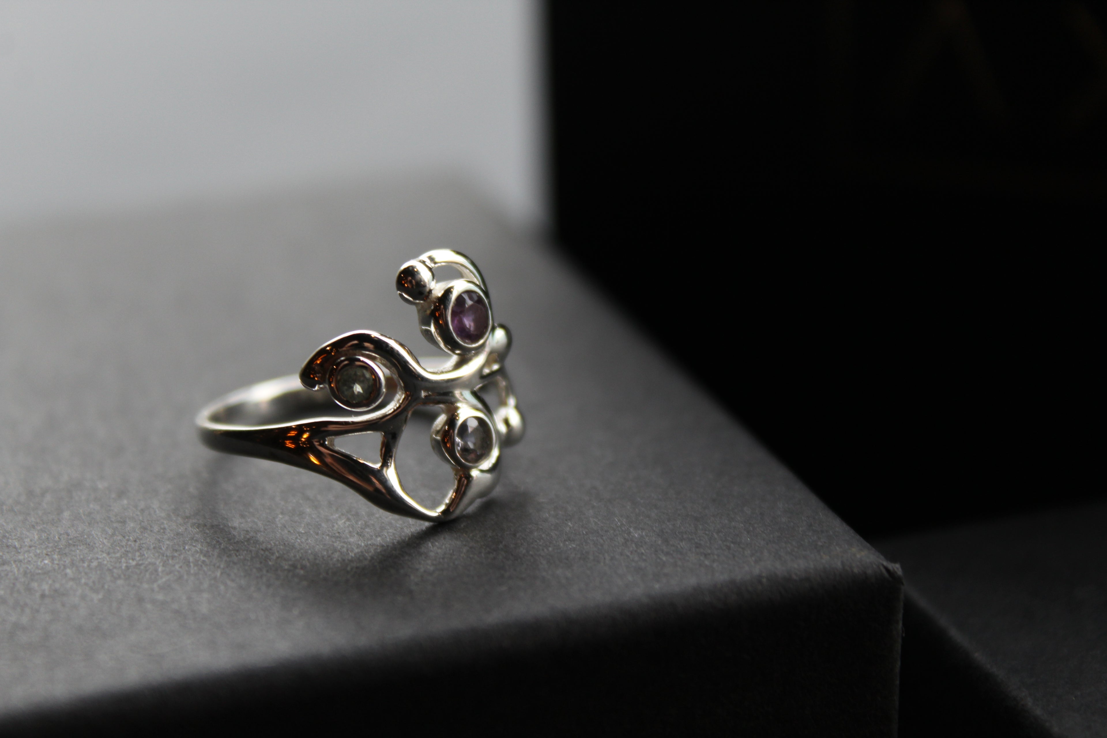 Three Stone Ring with Amethyst Blue Topaz and Iolite