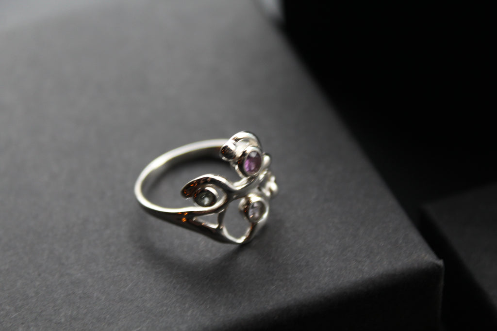 Three Stone Ring with Amethyst Blue Topaz and Iolite