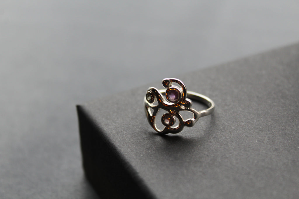 Three Stone Ring with Amethyst Blue Topaz and Iolite