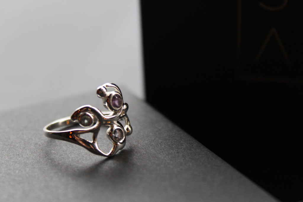 Three Stone Ring with Amethyst Blue Topaz and Iolite