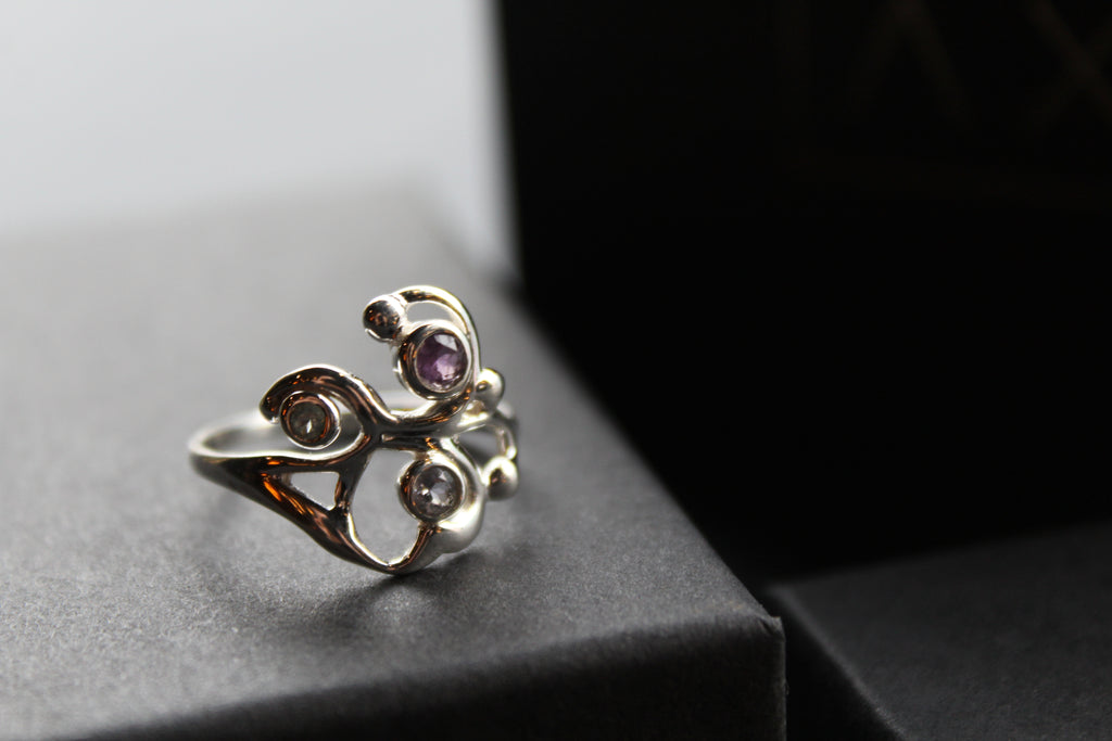 Three Stone Ring with Amethyst Blue Topaz and Iolite